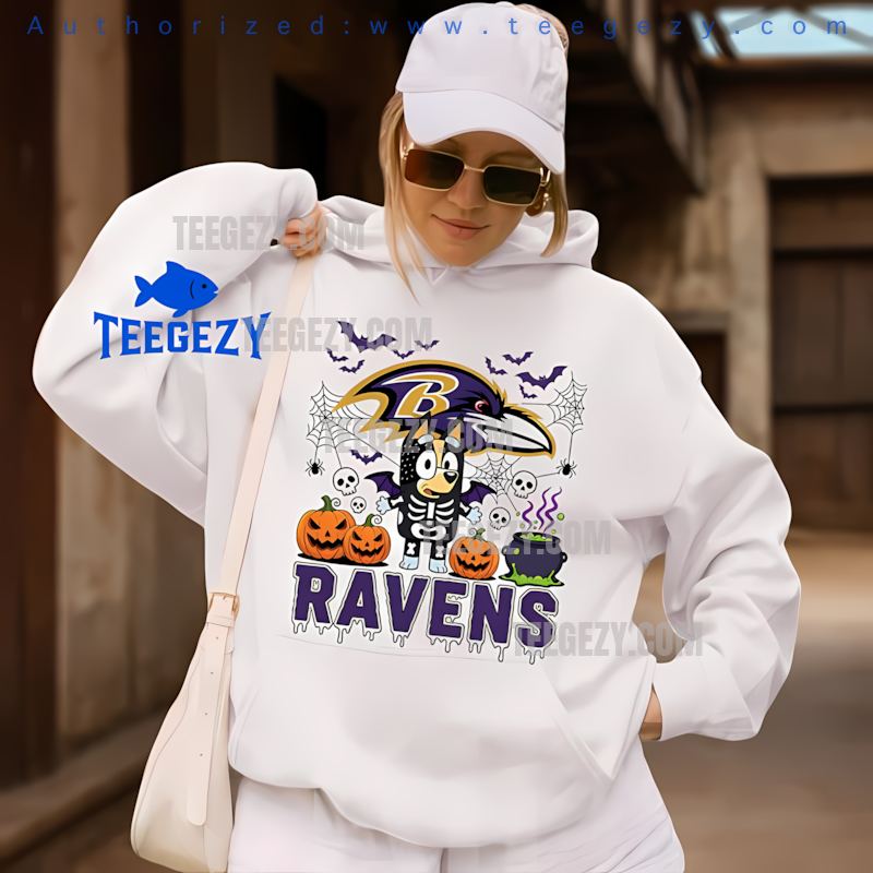 Baltimore Ravens Bingo And Bluey Halloween Skeleton Pumpkin Hoodie Baltimore Ravens Bingo And Bluey Halloween Skeleton Pumpkin Hoodie