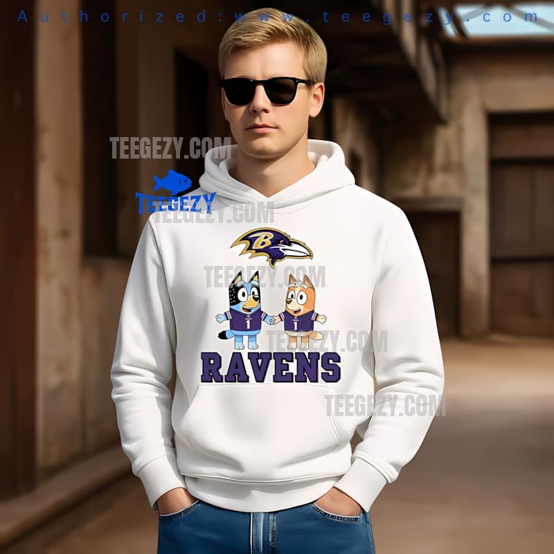 Baltimore Ravens Bluey And Bingo Holding Hands Holiday Hoodie Baltimore Ravens Bluey And Bingo Holding Hands Holiday Hoodie