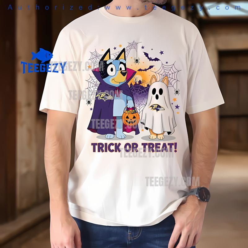 Baltimore Ravens Bluey And Bingo Trick Or Treat Halloween Shirt