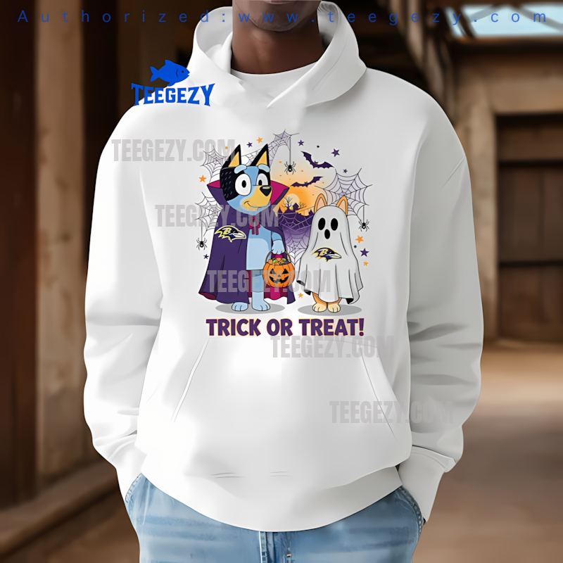 Baltimore Ravens Bluey And Bingo Trick Or Treat Halloween Hoodie Baltimore Ravens Bluey And Bingo Trick Or Treat Halloween Hoodie