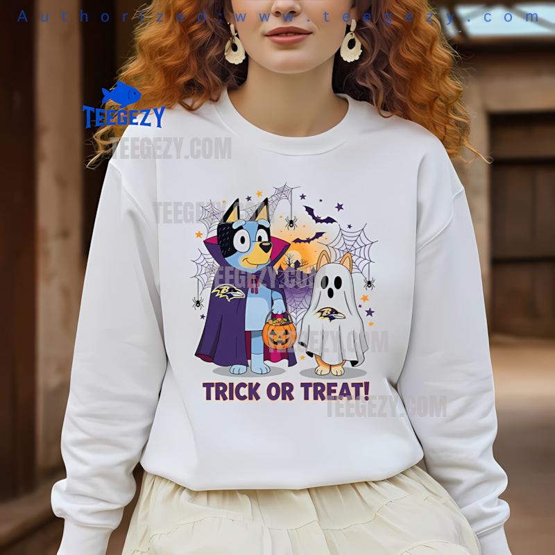 Baltimore Ravens Bluey And Bingo Trick Or Treat Halloween Long Sleeve Baltimore Ravens Bluey And Bingo Trick Or Treat Halloween Long Sleeve