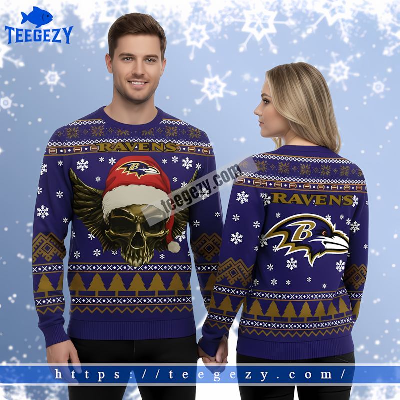 Baltimore Ravens Skull Santa Hat Purple Best Christmas Ugly Sweater Baltimore Ravens Skull Santa Hat Purple Best Christmas Ugly Sweater