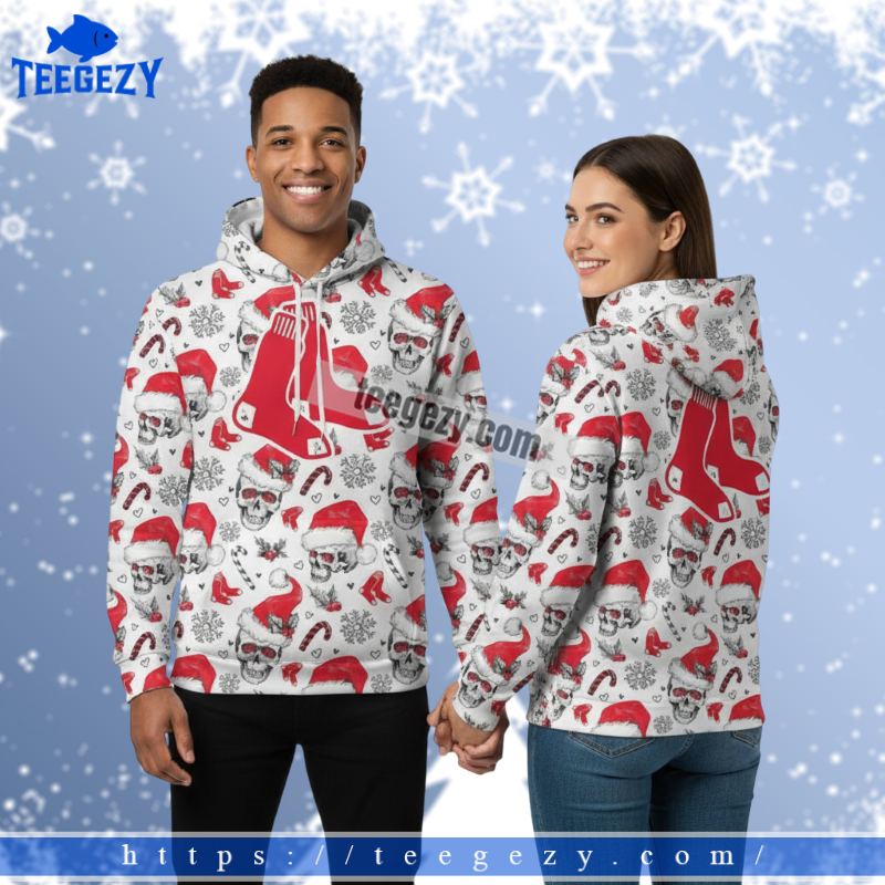Boston Red Sox Skull Wearing Christmas Hat White 3D Puff Print Hoodie Boston Red Sox Skull Wearing Christmas Hat White 3D Puff Print Hoodie