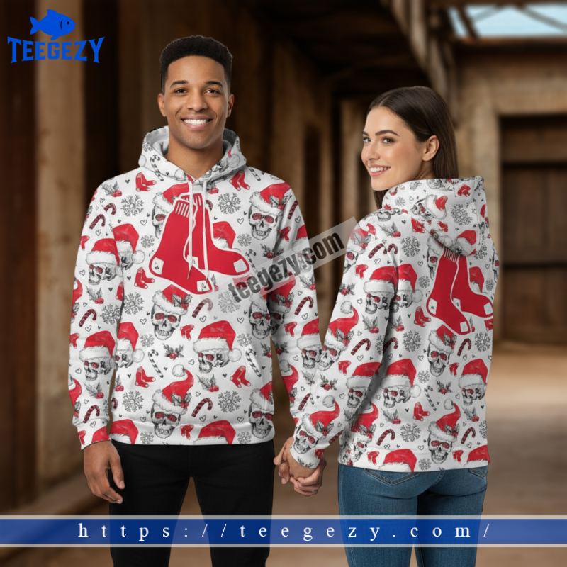 Boston Red Sox Skull Wearing Christmas Hat White 3D Puff Print Hoodie Boston Red Sox Skull Wearing Christmas Hat White 3D Puff Print Hoodie