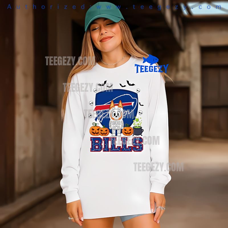 Buffalo Bills Bingo And Bluey Halloween Skeleton Pumpkin Long Sleeve Buffalo Bills Bingo And Bluey Halloween Skeleton Pumpkin Long Sleeve