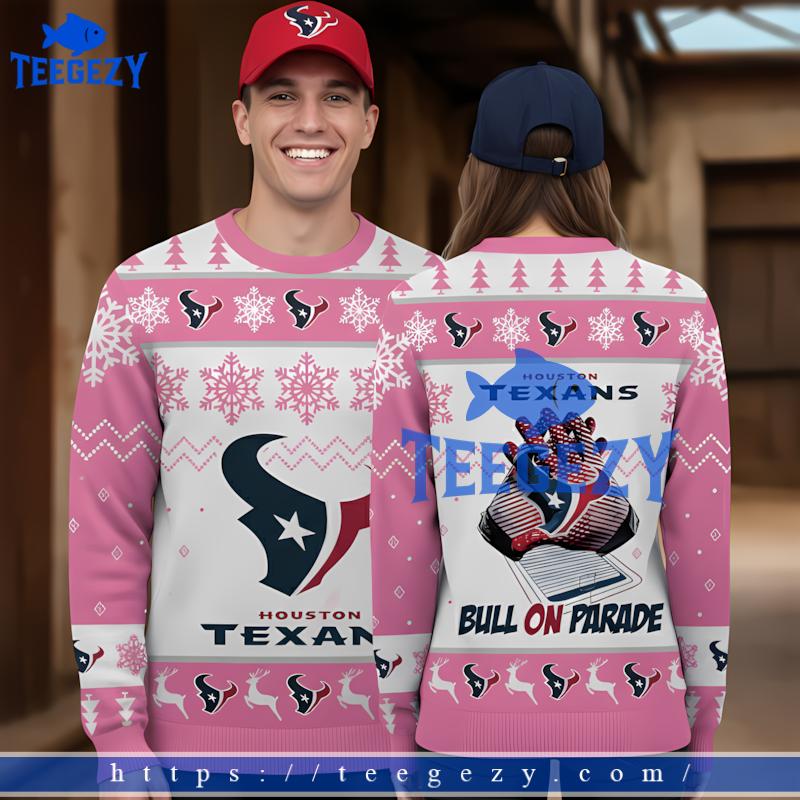 Bulls On Parade Houston Texans Pink White Couples Ugly Christmas Sweaters