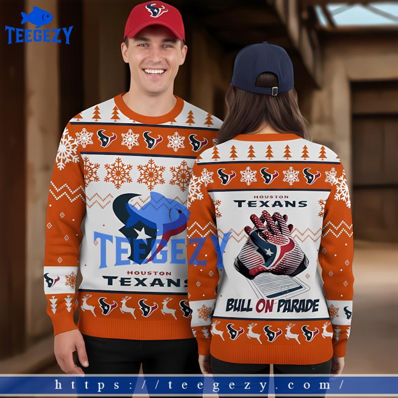 Bulls On Parade Houston Texans White Orange Vacation Ugly Christmas Sweater