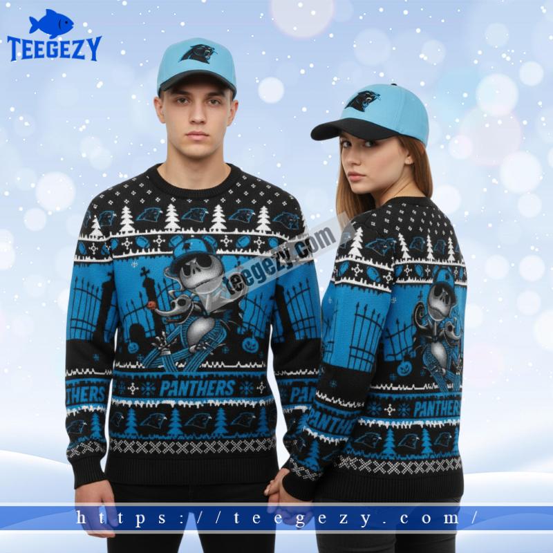 Carolina Panthers Jack Skellington Blue Family Ugly Sweater Carolina Panthers Jack Skellington Blue Family Ugly Sweater