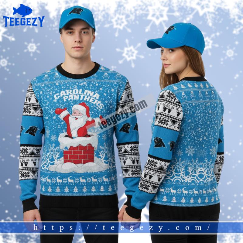 Carolina Panthers Santa Claus Chimney Blue Christmas Ugly Sweater Carolina Panthers Santa Claus Chimney Blue Christmas Ugly Sweater