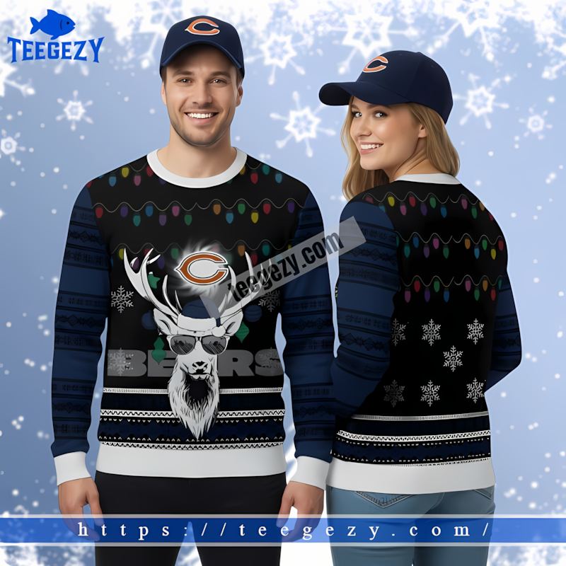 Chicago Bears Santa Reindeer Blue White Funny Ugly Christmas Sweater Chicago Bears Santa Reindeer Blue White Funny Ugly Christmas Sweater