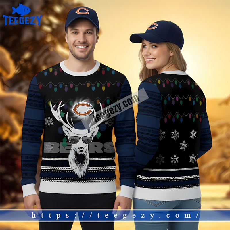 Chicago Bears Santa Reindeer Blue White Funny Ugly Christmas Sweater Chicago Bears Santa Reindeer Blue White Funny Ugly Christmas Sweater
