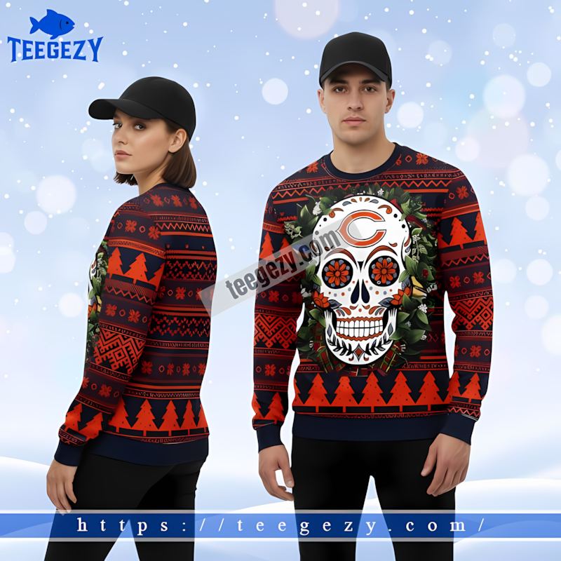Chicago Bears Skull Flower Blue Orange Best Ugly Christmas Sweaters Chicago Bears Skull Flower Blue Orange Best Ugly Christmas Sweaters