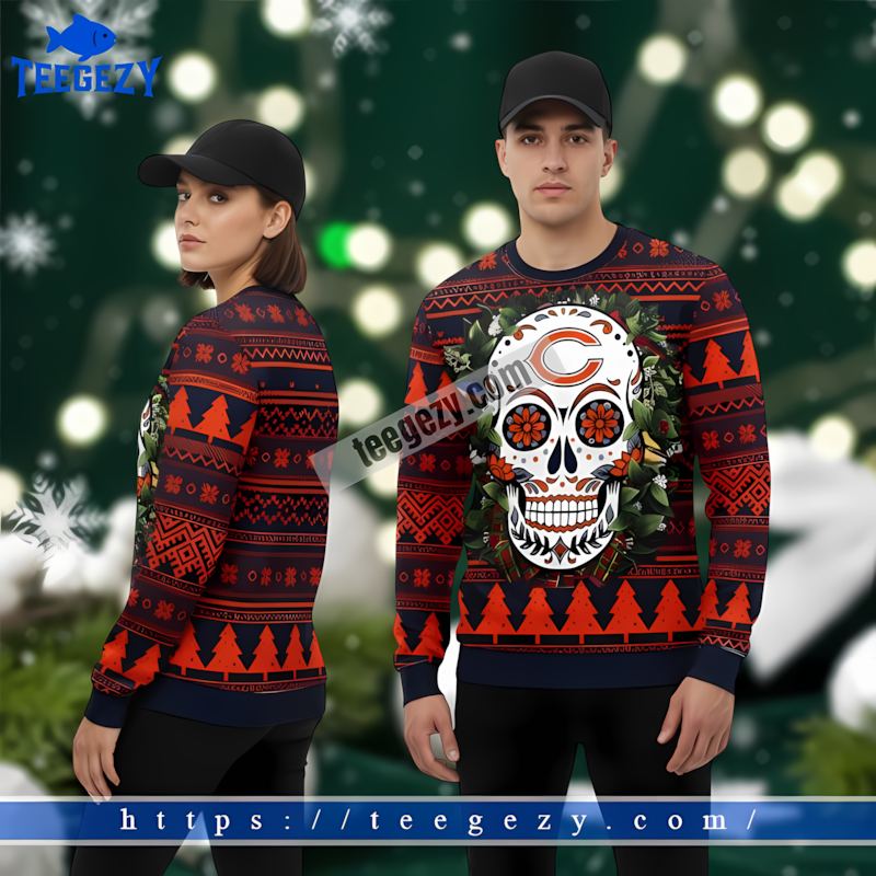 Chicago Bears Skull Flower Blue Orange Best Ugly Christmas Sweaters Chicago Bears Skull Flower Blue Orange Best Ugly Christmas Sweaters