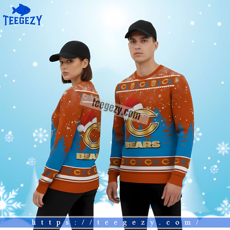 Chicago Bears Wearing Santa Hat Blue Orange Mens Christmas Sweater Chicago Bears Wearing Santa Hat Blue Orange Mens Christmas Sweater