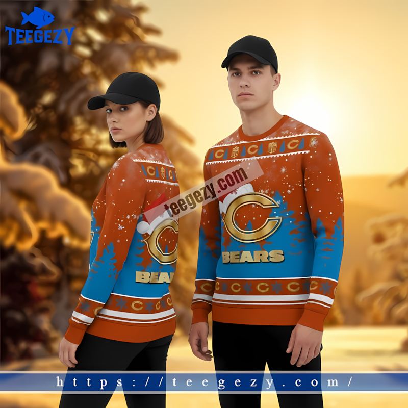 Chicago Bears Wearing Santa Hat Blue Orange Mens Christmas Sweater Chicago Bears Wearing Santa Hat Blue Orange Mens Christmas Sweater