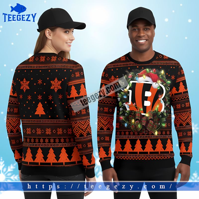 Christmas Wreath Cincinnati Bengals Black Orange Christmas Sweater Women Christmas Wreath Cincinnati Bengals Black Orange Christmas Sweater Women