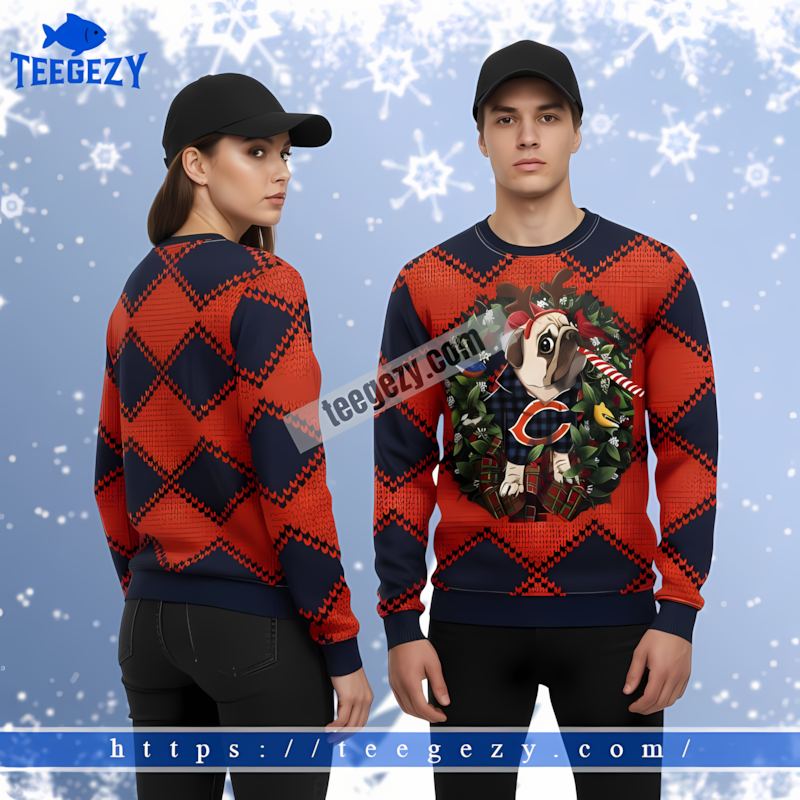 Christmas Wreath Pub Dog Chicago Bears Blue Orange Vintage Christmas Sweater Christmas Wreath Pub Dog Chicago Bears Blue Orange Vintage Christmas Sweater