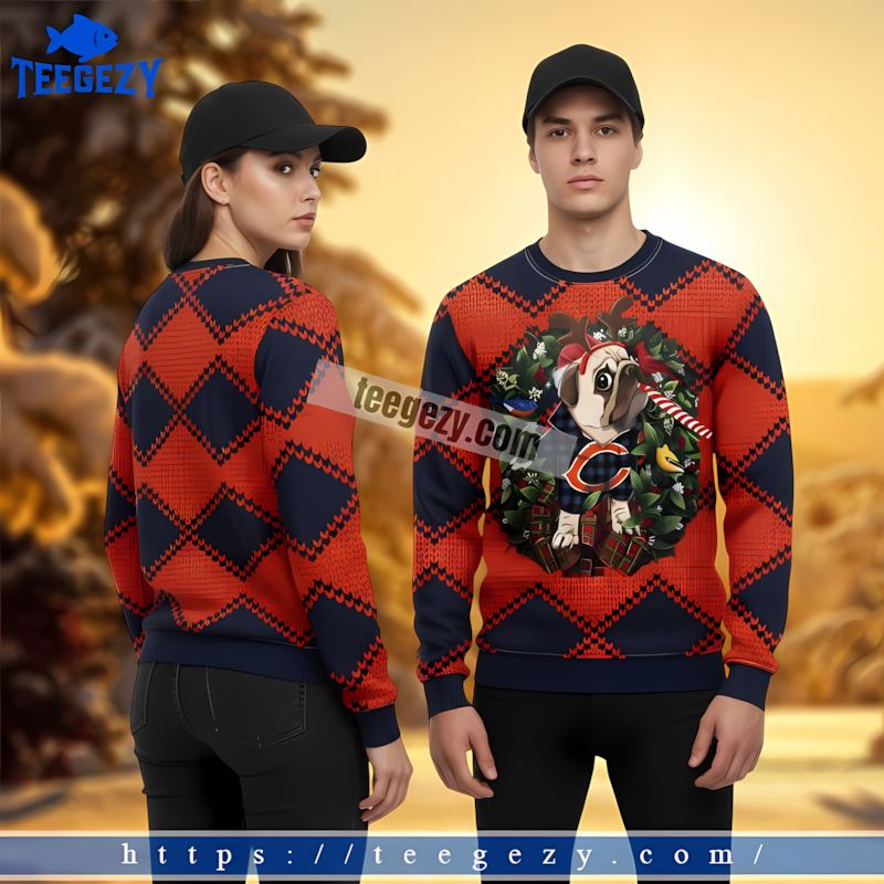 Christmas Wreath Pub Dog Chicago Bears Blue Orange Vintage Christmas Sweater Christmas Wreath Pub Dog Chicago Bears Blue Orange Vintage Christmas Sweater