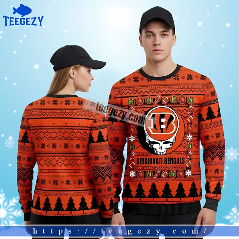 Cincinnati Bengals Grateful Dead Orange Black Christmas Sweater Women Cincinnati Bengals Grateful Dead Orange Black Christmas Sweater Women