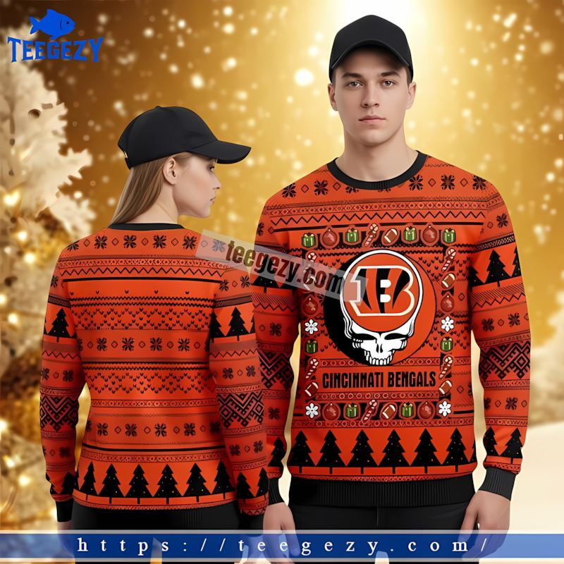 Cincinnati Bengals Grateful Dead Orange Black Christmas Sweater Women Cincinnati Bengals Grateful Dead Orange Black Christmas Sweater Women