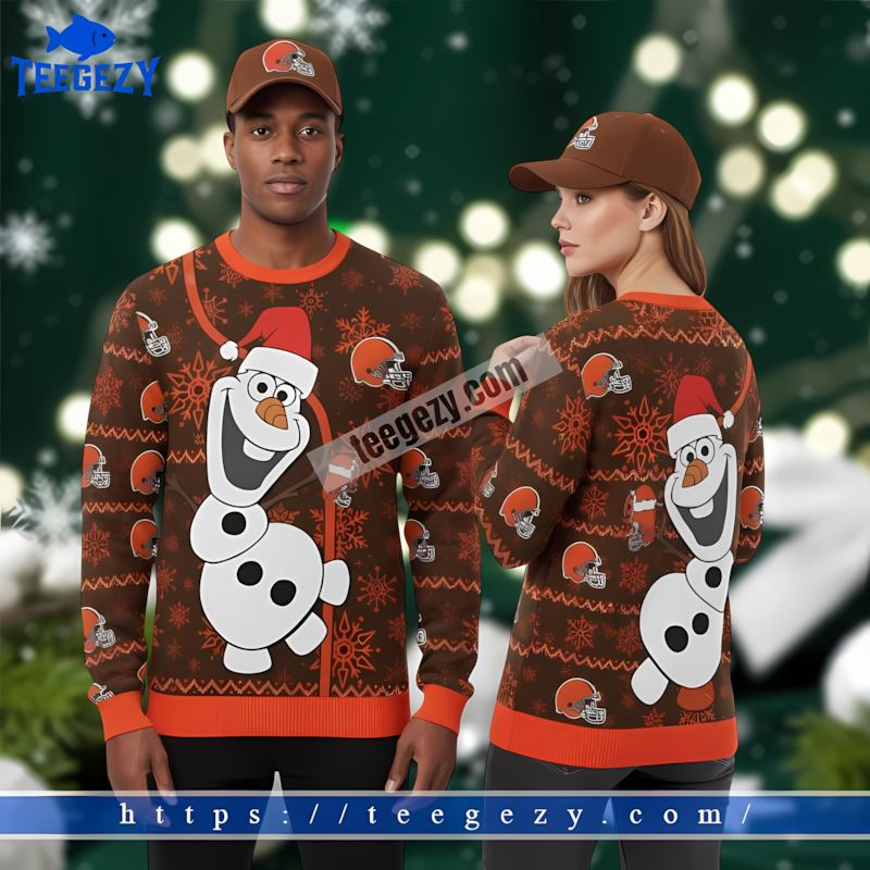 Cleveland Browns Santa Olaf Orange Brown Ugly Sweaters For Couples Cleveland Browns Santa Olaf Orange Brown Ugly Sweaters For Couples