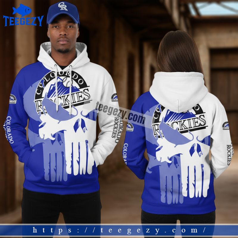 Colorado Rockies Blue White Punisher Skull 3D Hoodie Pullover Colorado Rockies Blue White Punisher Skull 3D Hoodie Pullover