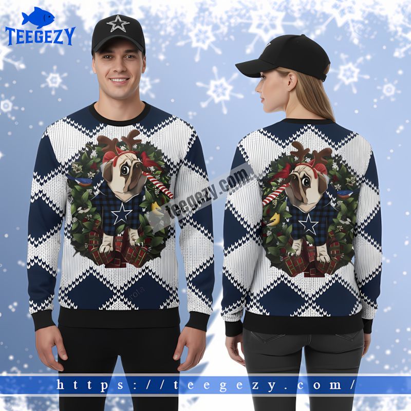 Cute Pug Dog Dallas Cowboys Christmas Ugly Sweater For Men Blue Cute Pug Dog Dallas Cowboys Christmas Ugly Sweater For Men Blue