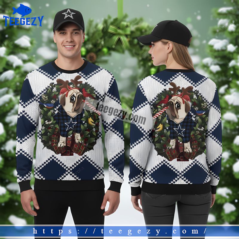 Cute Pug Dog Dallas Cowboys Christmas Ugly Sweater For Men Blue Cute Pug Dog Dallas Cowboys Christmas Ugly Sweater For Men Blue