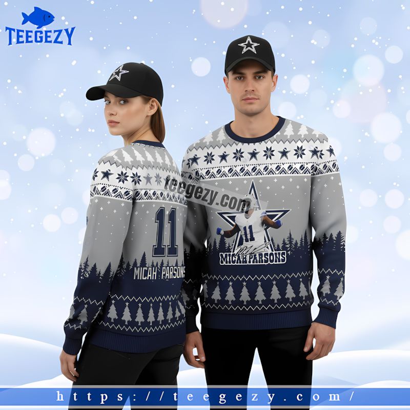 Dallas Cowboys Micah Parsons Signature Christmas Ugly Sweater Adults Blue Dallas Cowboys Micah Parsons Signature Christmas Ugly Sweater Adults Blue