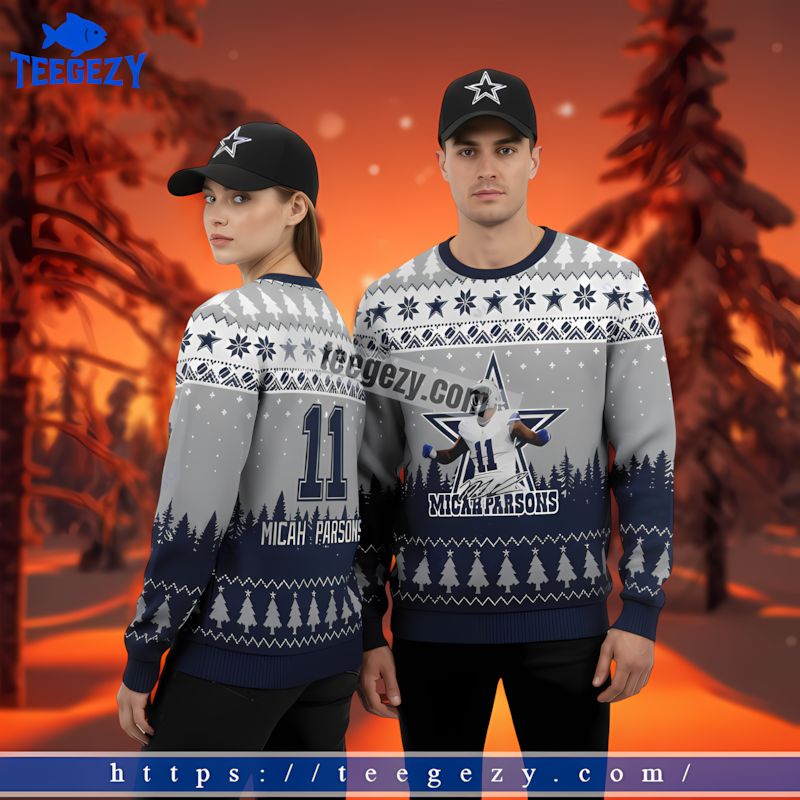 Dallas Cowboys Micah Parsons Signature Christmas Ugly Sweater Adults Blue Dallas Cowboys Micah Parsons Signature Christmas Ugly Sweater Adults Blue