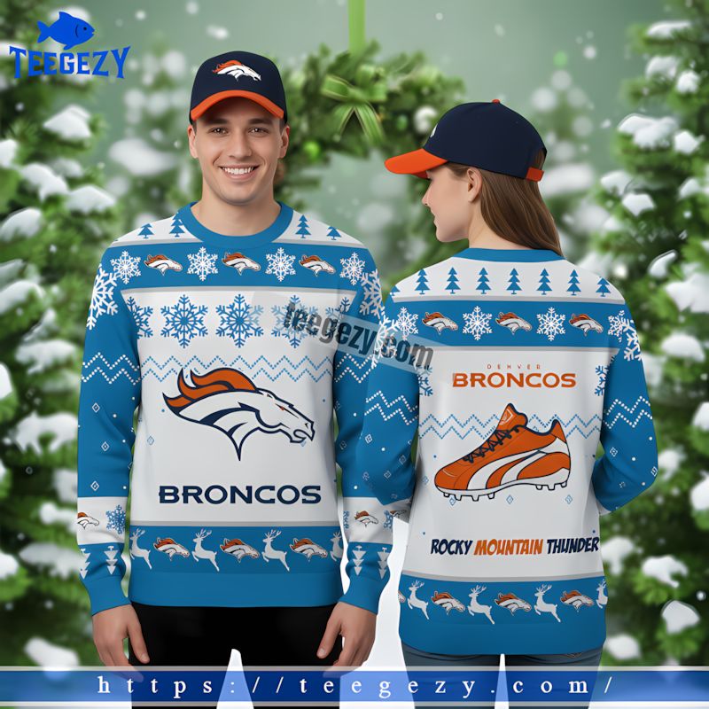 Denver Broncos Rocky Mountain Christmas Ugly Sweater Blue White Denver Broncos Rocky Mountain Christmas Ugly Sweater Blue White