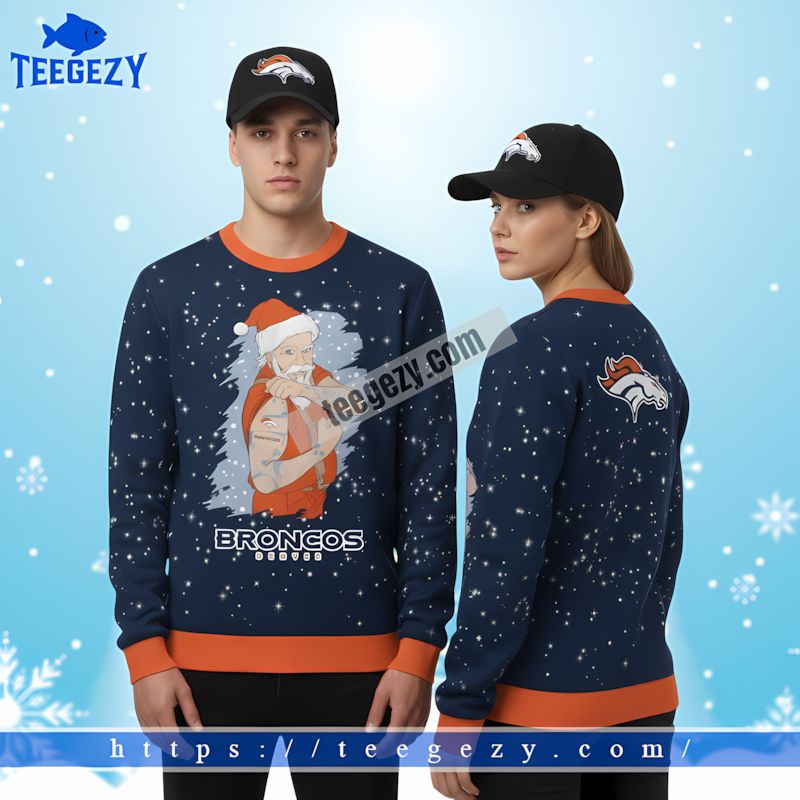 Denver Broncos Santa Claus Tattoo Mens Xmas Ugly Sweater Blue Denver Broncos Santa Claus Tattoo Mens Xmas Ugly Sweater Blue