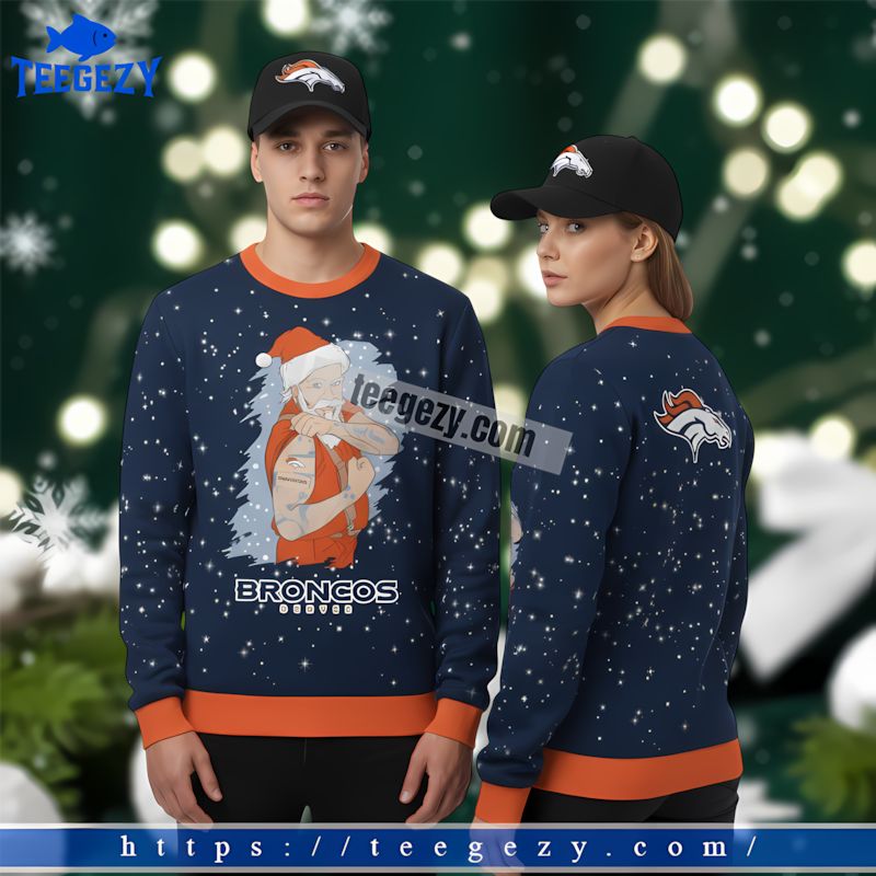 Denver Broncos Santa Claus Tattoo Mens Xmas Ugly Sweater Blue Denver Broncos Santa Claus Tattoo Mens Xmas Ugly Sweater Blue