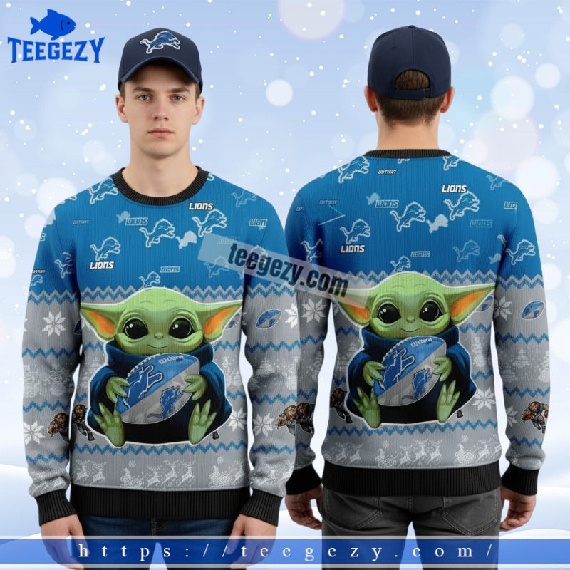 Detroit Lions Baby Yoda Hug Ball Christmas Vacation Ugly Sweater Blue Detroit Lions Baby Yoda Hug Ball Christmas Vacation Ugly Sweater Blue