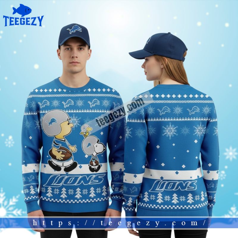 Detroit Lions Charlie Snoopy Woodstock Big Tall Christmas Ugly Sweater Brown Blue Detroit Lions Charlie Snoopy Woodstock Big Tall Christmas Ugly Sweater Brown Blue