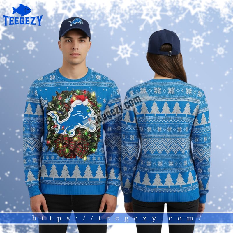 Detroit Lions Christmas Wreath Logo Couples Ugly Christmas Sweater Blue Detroit Lions Christmas Wreath Logo Couples Ugly Christmas Sweater Blue
