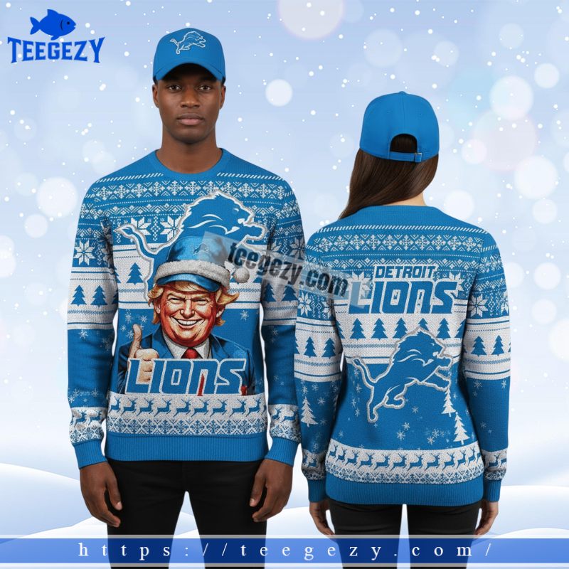 Detroit Lions Donald Trump Cool Christmas Ugly Sweater Blue Detroit Lions Donald Trump Cool Christmas Ugly Sweater Blue