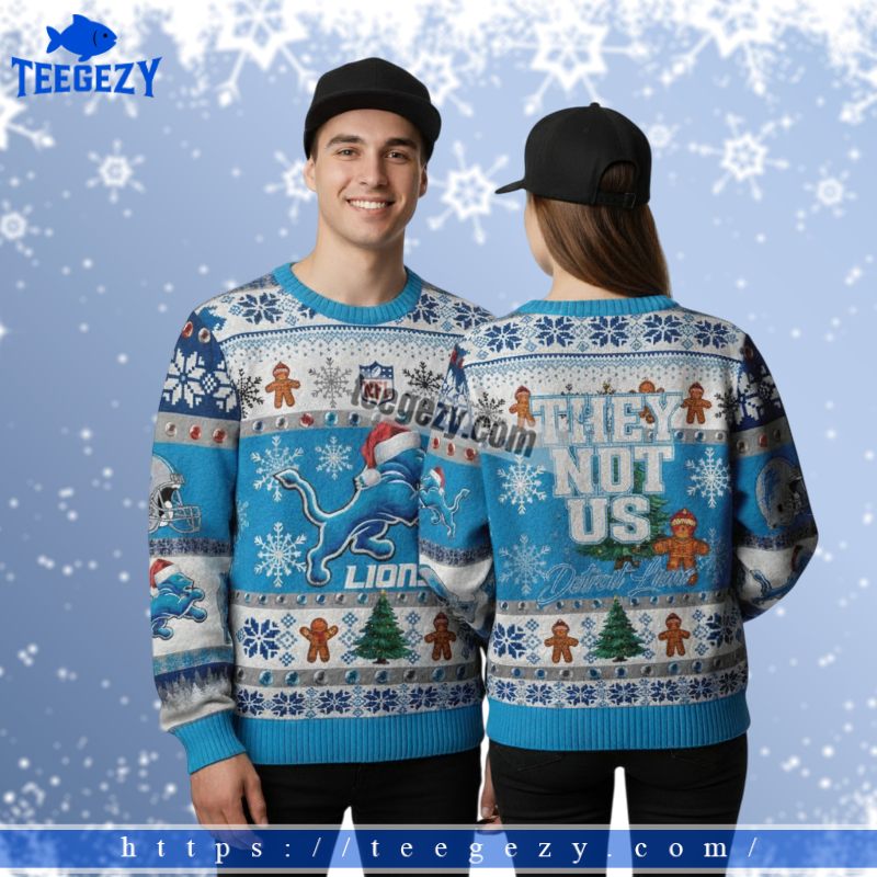 Detroit Lions Gingerbread They Net Like Us Womens Xmas Ugly Sweater Blue Detroit Lions Gingerbread They Net Like Us Womens Xmas Ugly Sweater Blue