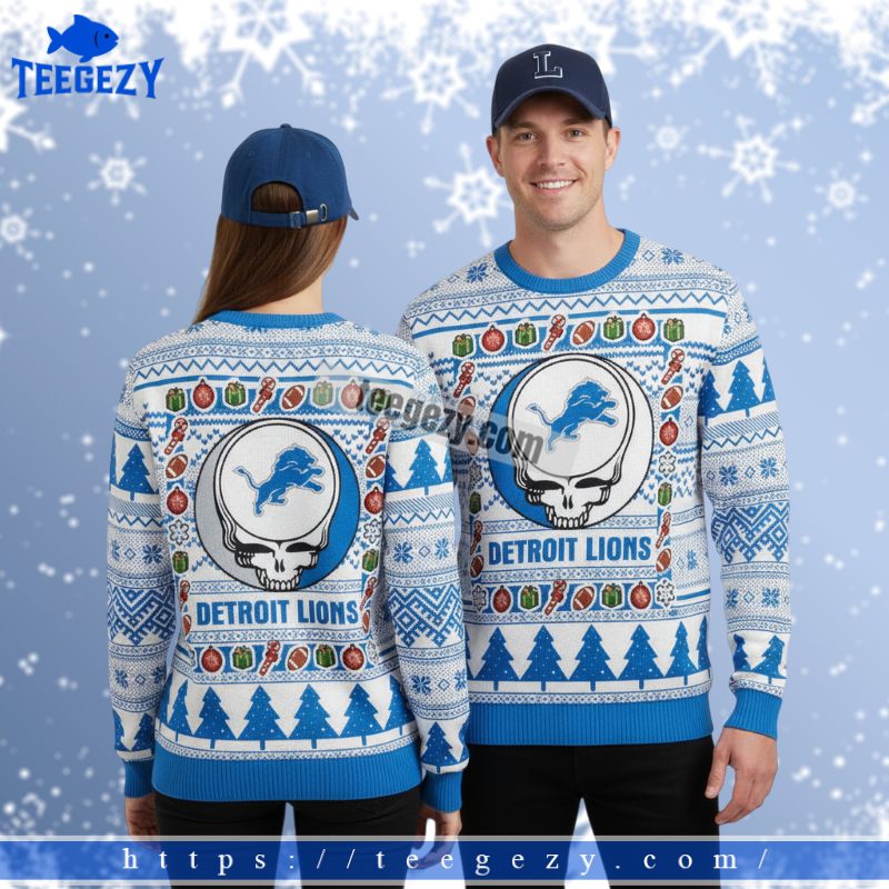 Detroit Lions Grateful Dead Womens Xmas Ugly Sweater White Blue