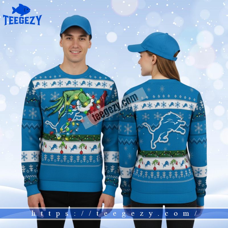 Detroit Lions Grinch Hand Light Best Christmas Ugly Sweater Blue Detroit Lions Grinch Hand Light Best Christmas Ugly Sweater Blue