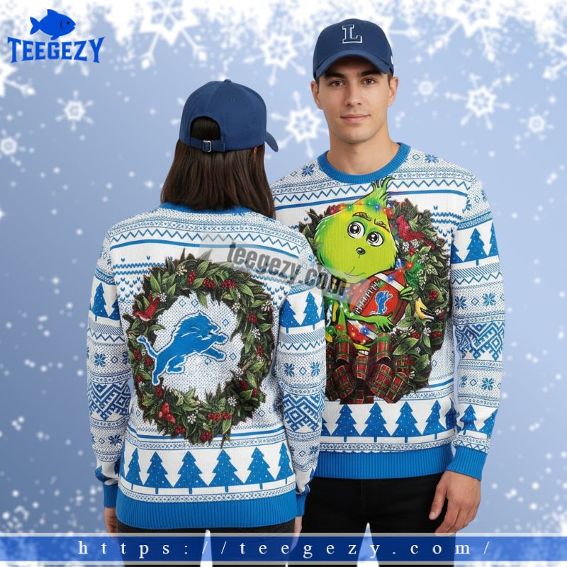 Detroit Lions Grinch Hug Ball Ladies Christmas Ugly Sweater Blue Detroit Lions Grinch Hug Ball Ladies Christmas Ugly Sweater Blue