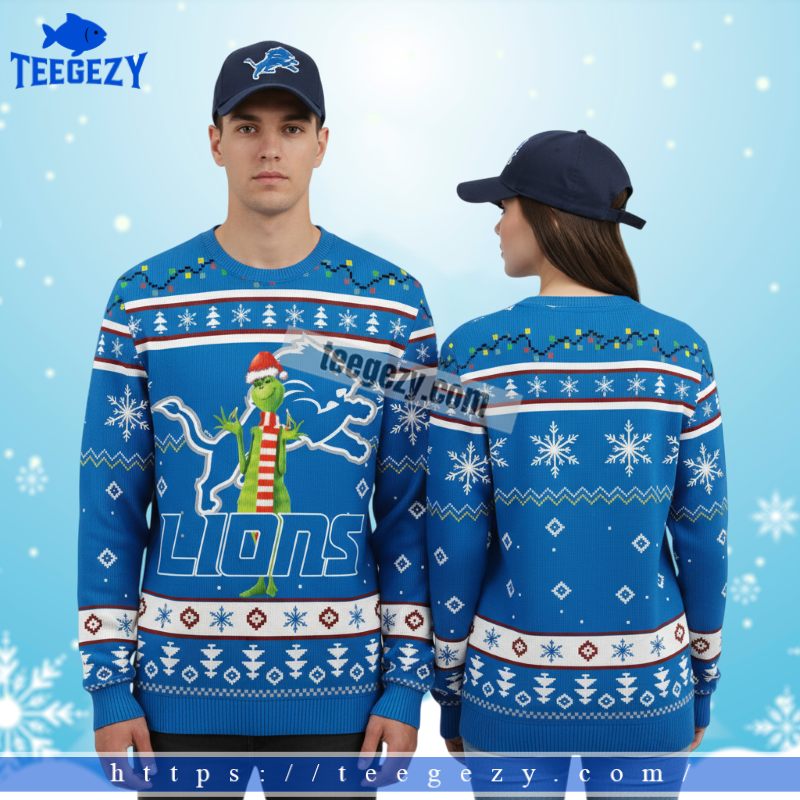 Detroit Lions Grinch Logo Family Christmas Ugly Sweater Blue Detroit Lions Grinch Logo Family Christmas Ugly Sweater Blue