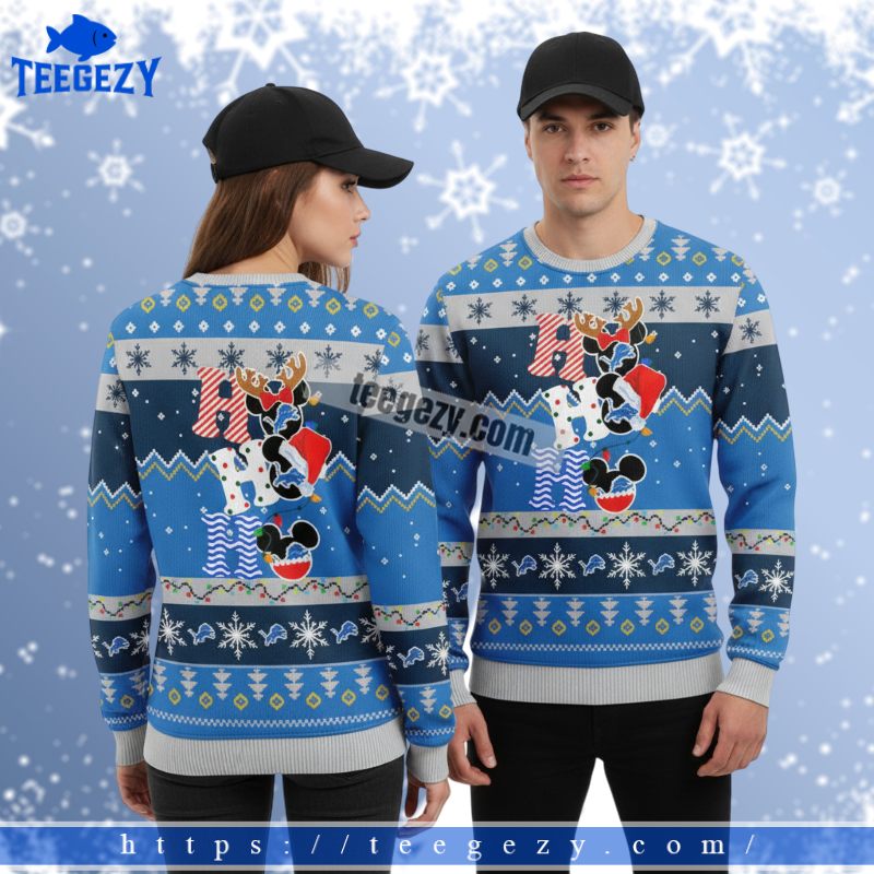 Detroit Lions Ho Ho Ho Mickey Mouse Ladies Christmas Ugly Sweater Blue Detroit Lions Ho Ho Ho Mickey Mouse Ladies Christmas Ugly Sweater Blue