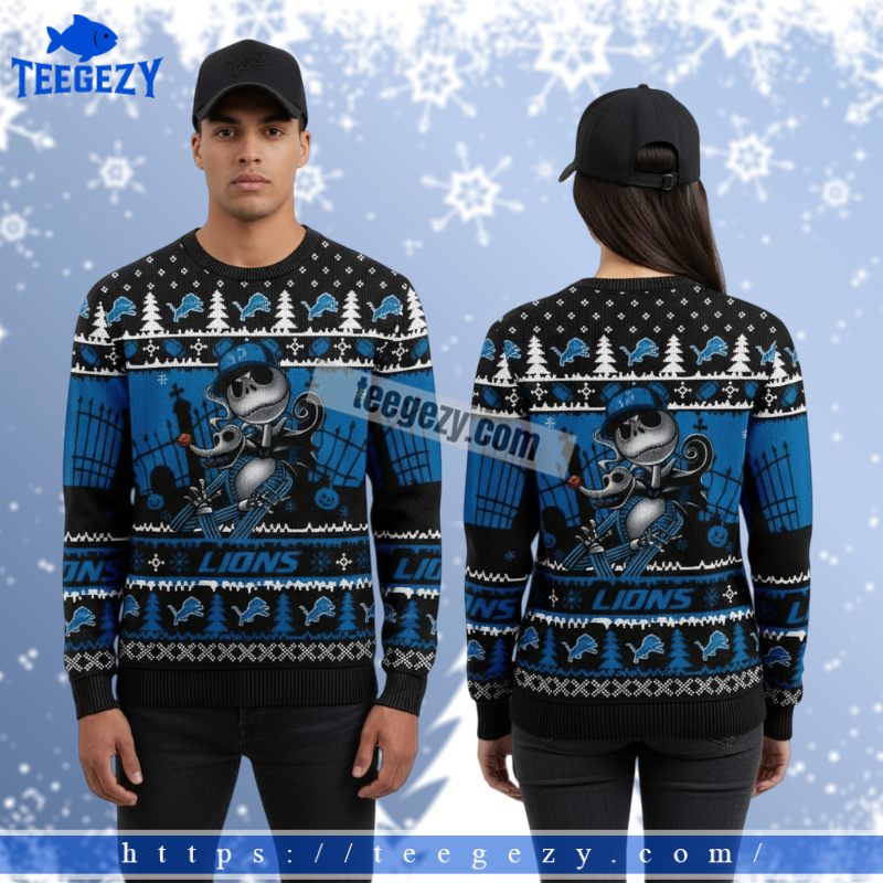 Detroit Lions Jack Skellington Zero Big Tall Christmas Ugly Sweater Blue Detroit Lions Jack Skellington Zero Big Tall Christmas Ugly Sweater Blue