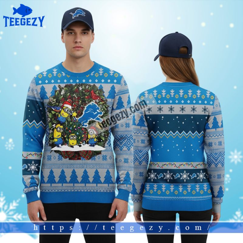 Detroit Lions Minion Squad Couples Christmas Ugly Sweater Blue Detroit Lions Minion Squad Couples Christmas Ugly Sweater Blue