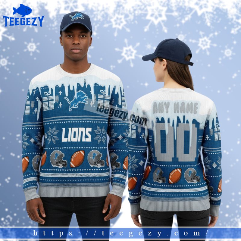 Personalized Detroit Lions Couples Christmas Ugly Sweater Blue Personalized Detroit Lions Couples Christmas Ugly Sweater Blue