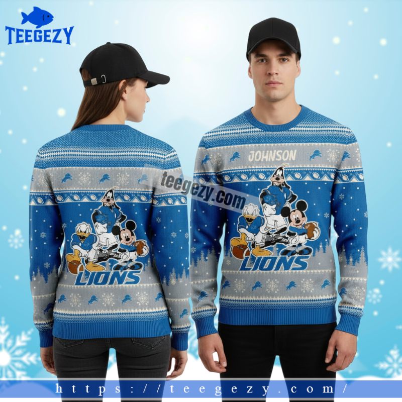 Personalized Detroit Lions Donald Mickey Christmas Ugly Sweater Blue Personalized Detroit Lions Donald Mickey Christmas Ugly Sweater Blue