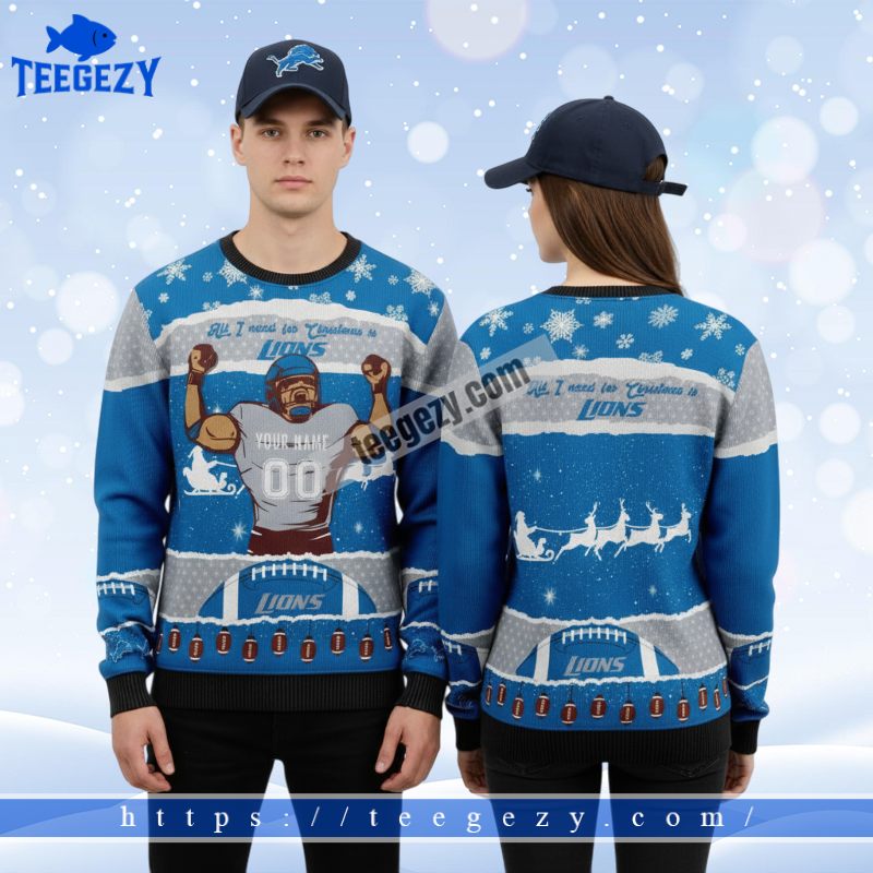 Personalized Detroit Lions Player Couples Christmas Ugly Sweater Blue Personalized Detroit Lions Player Couples Christmas Ugly Sweater Blue