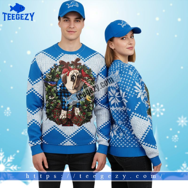 Detroit Lions Pub Dog Reindeer Funny Christmas Ugly Sweater Blue Detroit Lions Pub Dog Reindeer Funny Christmas Ugly Sweater Blue