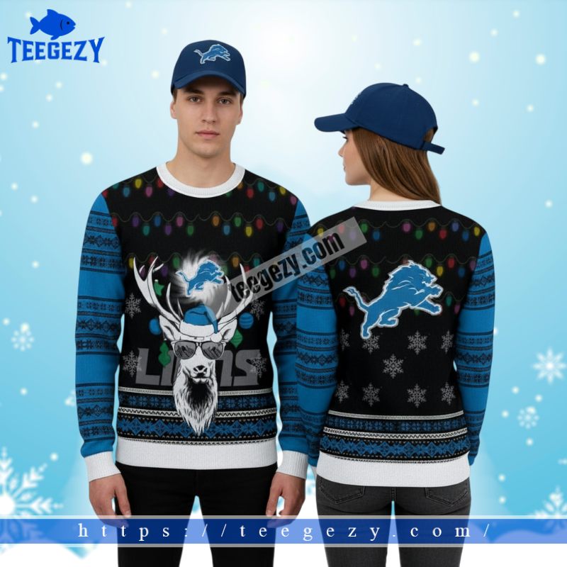 Detroit Lions Reindeer Light Funny Christmas Ugly Sweater Blue Detroit Lions Reindeer Light Funny Christmas Ugly Sweater Blue